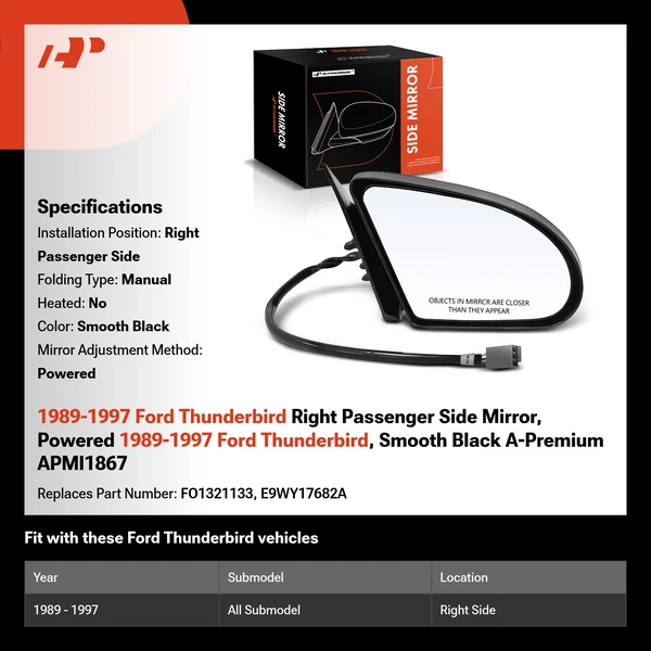 1989-1997 Ford Thunderbird Right Passenger Side Mirror, Powered 1989-1997 Ford Thunderbird, Smooth Black A-Premium APMI1867
