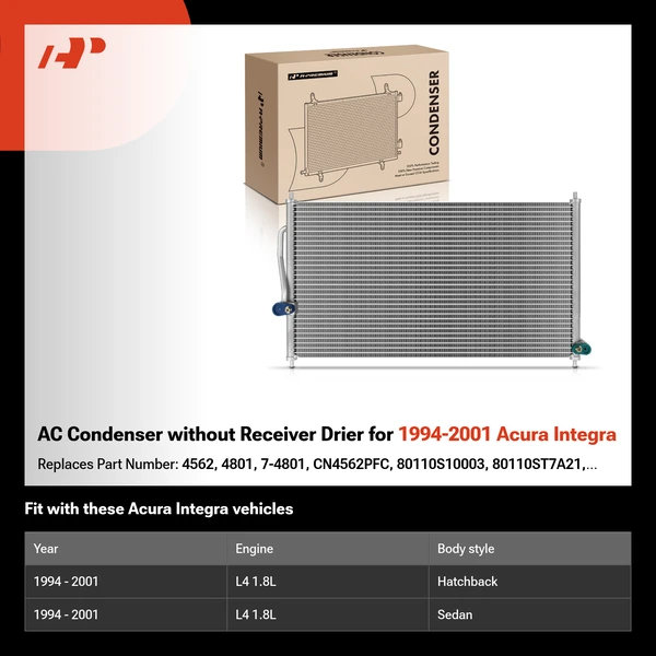 AC Condenser without Receiver Drier for 1994-2001 Acura Integra