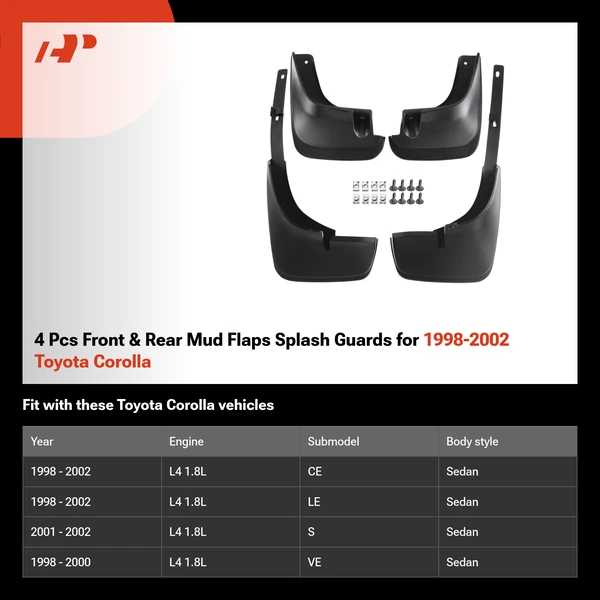 4 Pcs Front & Rear Mud Flaps Splash Guards for 1998-2002 Toyota Corolla