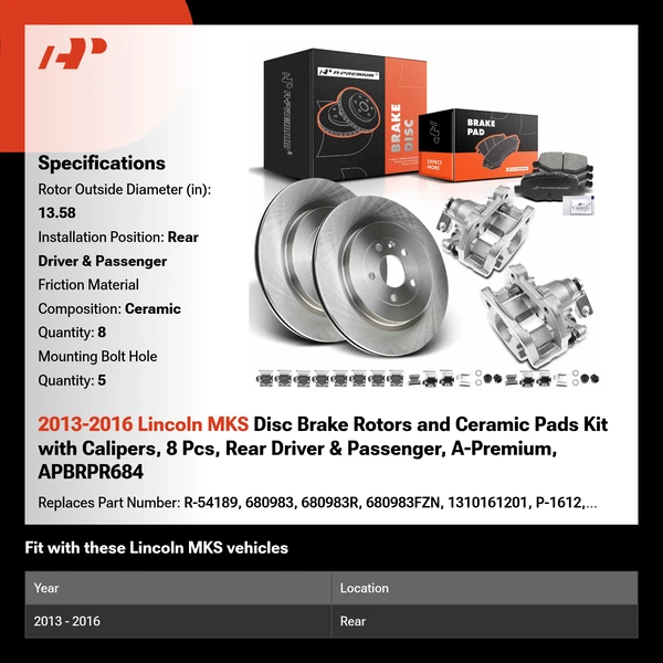 2013-2016 Lincoln MKS Disc Brake Rotors and Ceramic Pads Kit with Calipers, 8 Pcs, Rear Driver & Passenger, A-Premium, APBRPR684