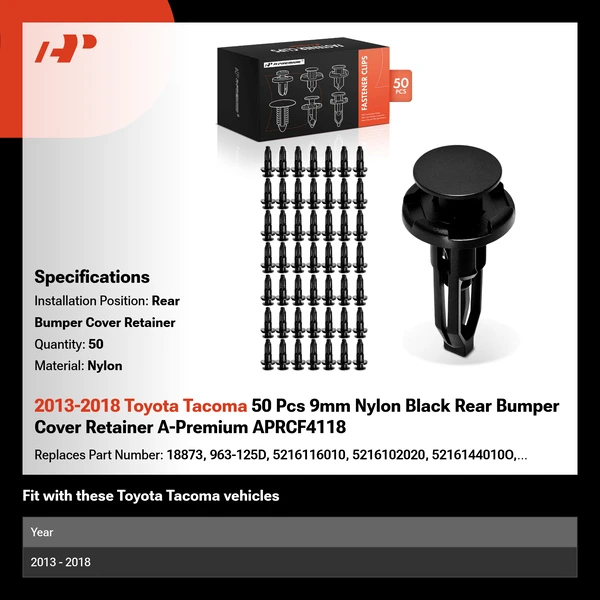 2013-2018 Toyota Tacoma 50 Pcs 9mm Nylon Black Rear Bumper Cover Retainer A-Premium APRCF4118
