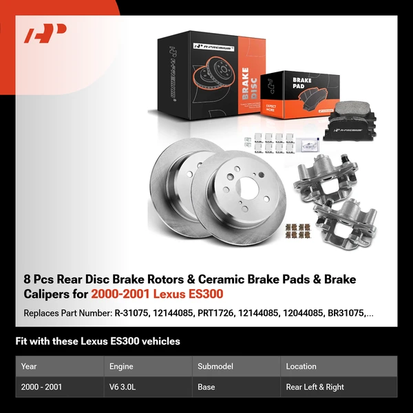 8 Pcs Rear Disc Brake Rotors & Ceramic Brake Pads & Brake Calipers for 2000-2001 Lexus ES300