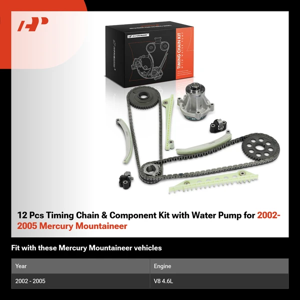 12 Pcs Timing Chain & Component Kit with Water Pump for 2002-2005 Mercury Mountaineer