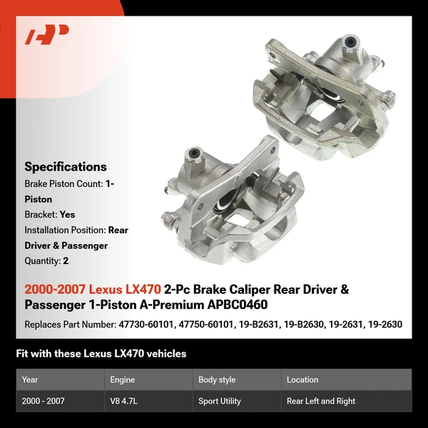 2000-2007 Lexus LX470 2-Pc Brake Caliper Rear Driver & Passenger 1-Piston A-Premium APBC0460