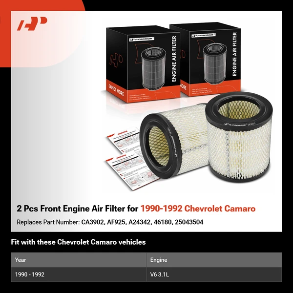 2 Pcs Front Engine Air Filter for 1990-1992 Chevrolet Camaro