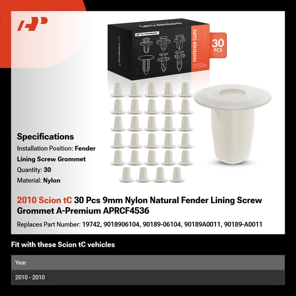 2010 Scion tC 30 Pcs 9mm Nylon Natural Fender Lining Screw Grommet A-Premium APRCF4536