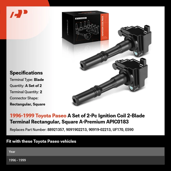 1996-1999 Toyota Paseo A Set of 2-Pc Ignition Coil 2-Blade Terminal Rectangular, Square A-Premium APIC0183