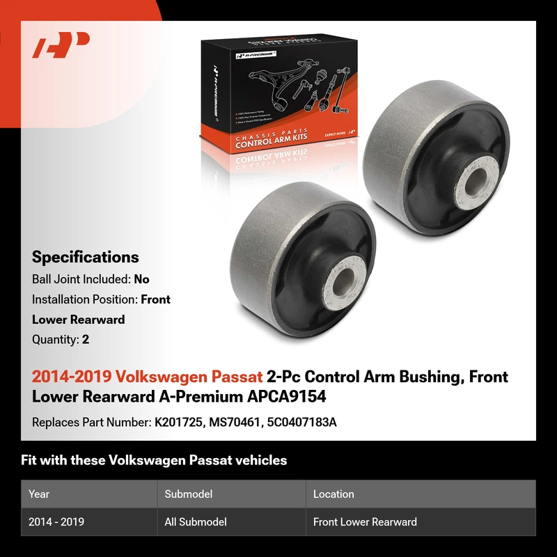 2014-2019 Volkswagen Passat 2-Pc Control Arm Bushing, Front Lower Rearward A-Premium APCA9154
