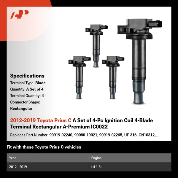 2012-2019 Toyota Prius C A Set of 4-Pc Ignition Coil 4-Blade Terminal Rectangular A-Premium IC0022