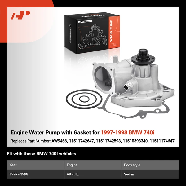 Engine Water Pump with Gasket for 1997-1998 BMW 740i