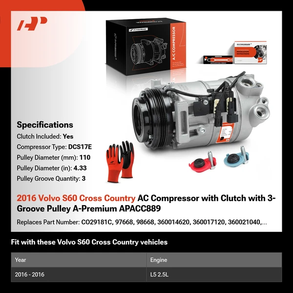 2016 Volvo S60 Cross Country AC Compressor with Clutch with 3-Groove Pulley A-Premium APACC889