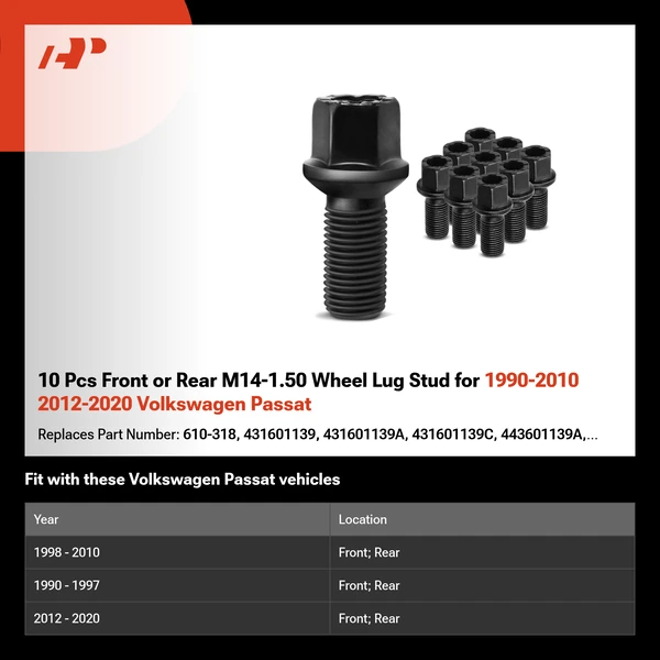 10 Pcs Front or Rear M14-1.50 Wheel Lug Stud for 1990-2010 2012-2020 Volkswagen Passat