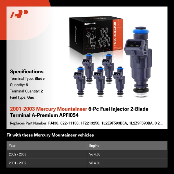 2001-2003 Mercury Mountaineer 6-Pc Fuel Injector 2-Blade Terminal A-Premium APFI054
