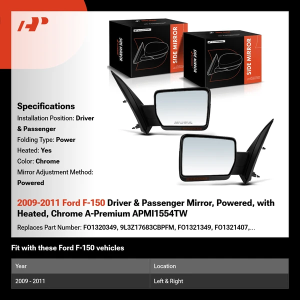 2009-2011 Ford F-150 Driver & Passenger Mirror, Powered, with Heated, Chrome A-Premium APMI1554TW