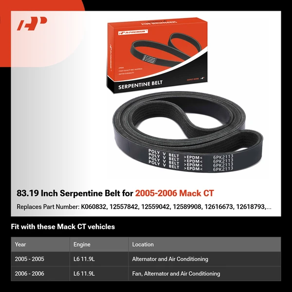 83.19 Inch Serpentine Belt for 2005-2006 Mack CT