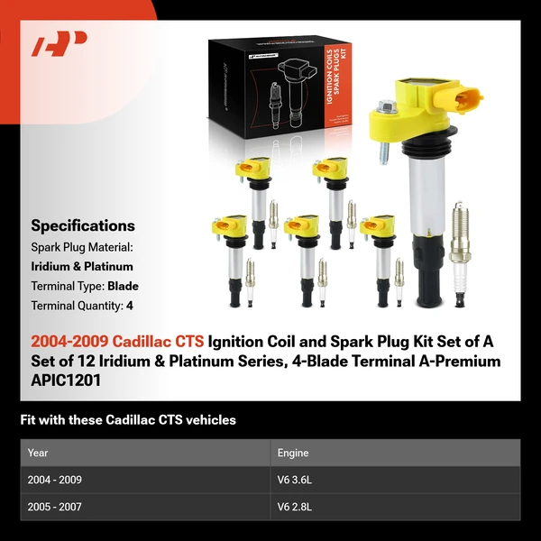 2004-2009 Cadillac CTS Ignition Coil and Spark Plug Kit Set of A Set of 12 Iridium & Platinum Series, 4-Blade Terminal A-Premium APIC1201