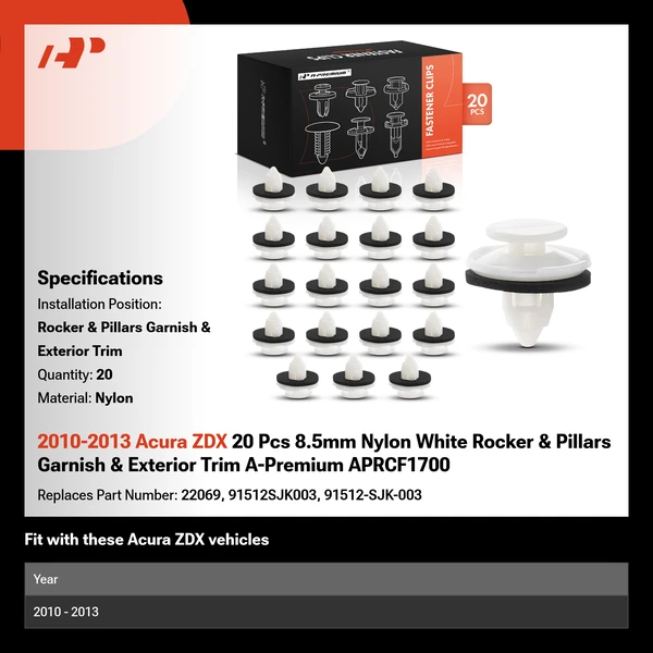 2010-2013 Acura ZDX 20 Pcs 8.5mm Nylon White Rocker & Pillars Garnish & Exterior Trim A-Premium APRCF1700