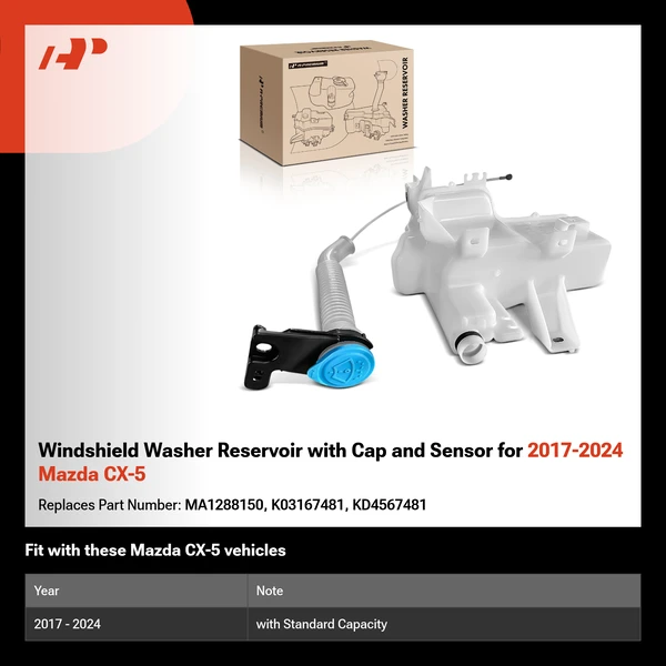 Windshield Washer Reservoir with Cap and Sensor for 2017-2024 Mazda CX-5