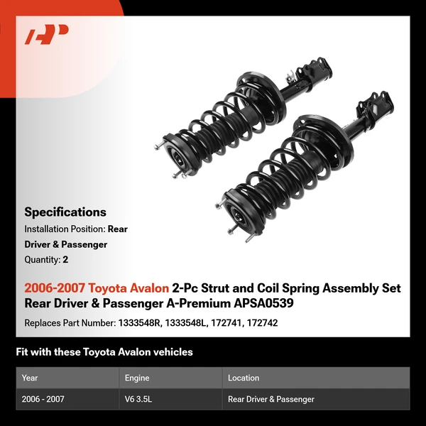 2006-2007 Toyota Avalon 2-Pc Strut and Coil Spring Assembly Set Rear Driver & Passenger A-Premium APSA0539