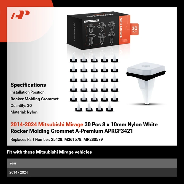 2014-2024 Mitsubishi Mirage 30 Pcs 8 x 10mm Nylon White Rocker Molding Grommet A-Premium APRCF3421