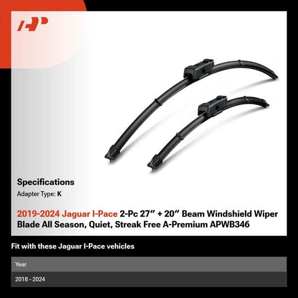2019-2024 Jaguar I-Pace 2-Pc 27″ + 20″ Beam Windshield Wiper Blade All Season, Quiet, Streak Free A-Premium APWB346