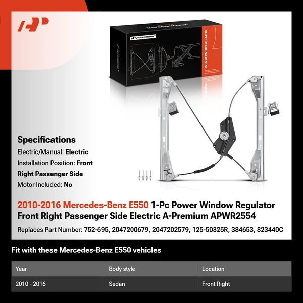 2010-2016 Mercedes-Benz E550 1-Pc Power Window Regulator Front Right Passenger Side Electric A-Premium APWR2554