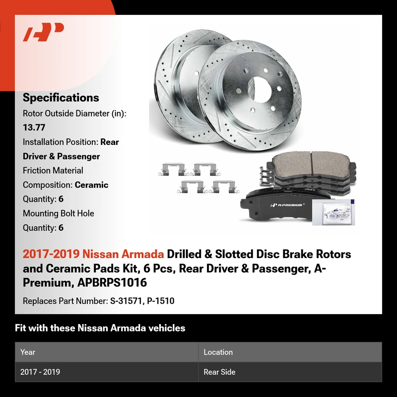 2017-2019 Nissan Armada Drilled & Slotted Disc Brake Rotors and Ceramic Pads Kit, 6 Pcs, Rear Driver & Passenger, A-Premium, APBRPS1016