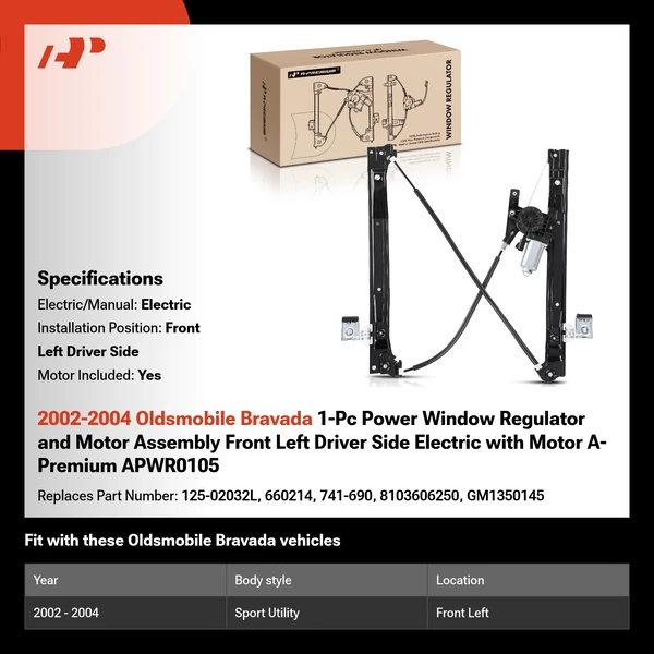 2002-2004 Oldsmobile Bravada 1-Pc Power Window Regulator and Motor Assembly Front Left Driver Side Electric with Motor A-Premium APWR0105