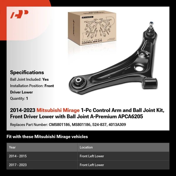 2014-2023 Mitsubishi Mirage 1-Pc Control Arm and Ball Joint Kit, Front Driver Lower with Ball Joint A-Premium APCA6205
