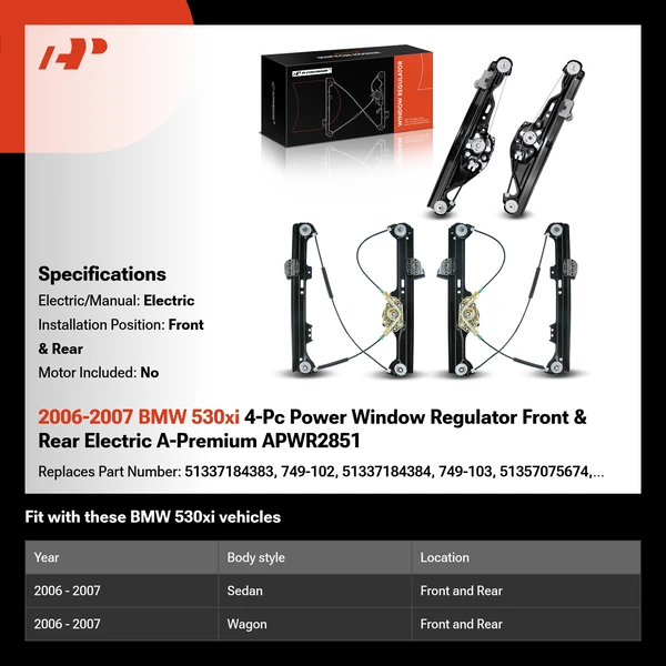 2006-2007 BMW 530xi 4-Pc Power Window Regulator Front & Rear Electric A-Premium APWR2851