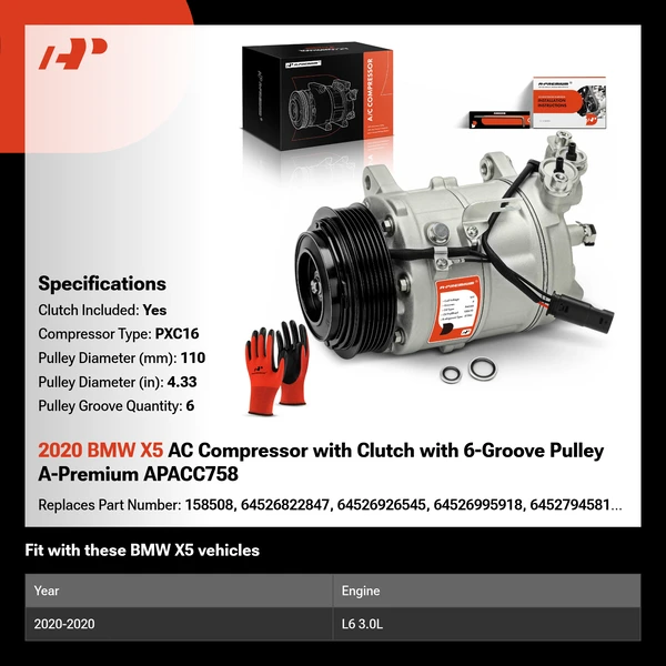 2020 BMW X5 AC Compressor with Clutch with 6-Groove Pulley A-Premium APACC758