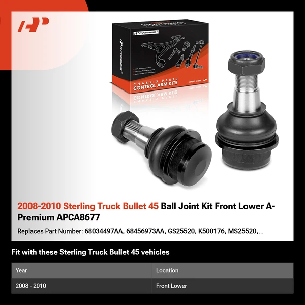 2008-2010 Sterling Truck Bullet 45 Ball Joint Kit Front Lower A-Premium APCA8677