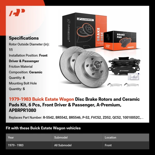 1979-1983 Buick Estate Wagon Disc Brake Rotors and Ceramic Pads Kit, 6 Pcs, Front Driver & Passenger, A-Premium, APBRPR1080