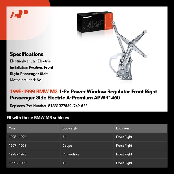 1995-1999 BMW M3 1-Pc Power Window Regulator Front Right Passenger Side Electric A-Premium APWR1460