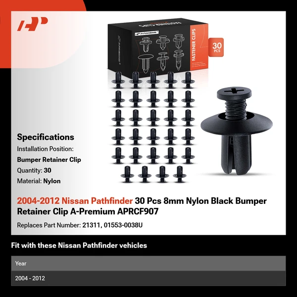 2004-2012 Nissan Pathfinder 30 Pcs 8mm Nylon Black Bumper Retainer Clip A-Premium APRCF907