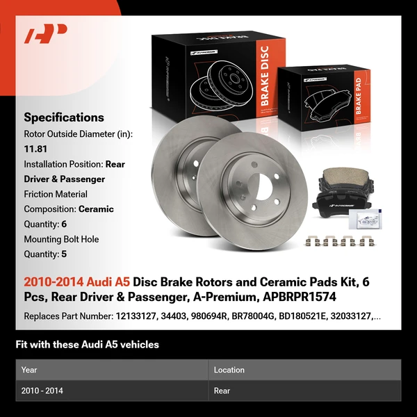 2010-2014 Audi A5 Disc Brake Rotors and Ceramic Pads Kit, 6 Pcs, Rear Driver & Passenger, A-Premium, APBRPR1574