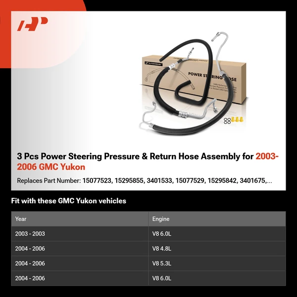 3 Pcs Power Steering Pressure & Return Hose Assembly for 2003-2006 GMC Yukon