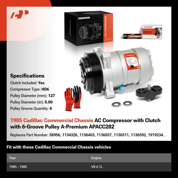 1985 Cadillac Commercial Chassis AC Compressor with Clutch with 6-Groove Pulley A-Premium APACC282