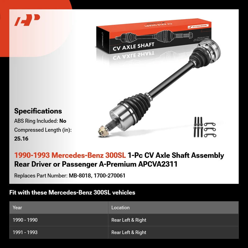 1990-1993 Mercedes-Benz 300SL 1-Pc CV Axle Shaft Assembly Rear Driver or Passenger A-Premium APCVA2311