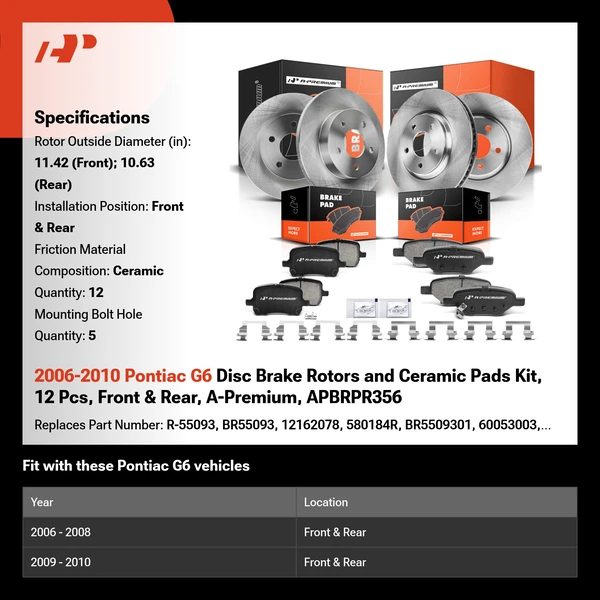 2006-2010 Pontiac G6 Disc Brake Rotors and Ceramic Pads Kit, 12 Pcs, Front & Rear, A-Premium, APBRPR356