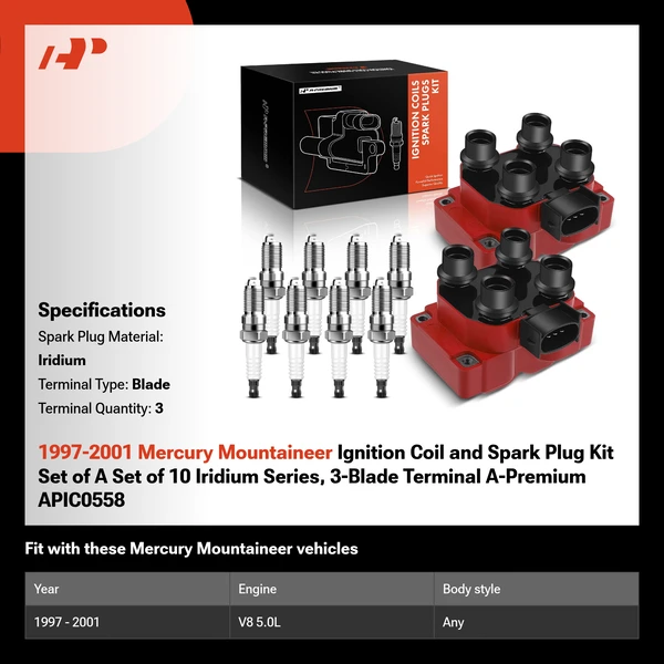 1997-2001 Mercury Mountaineer Ignition Coil and Spark Plug Kit Set of A Set of 10 Iridium Series, 3-Blade Terminal A-Premium APIC0558