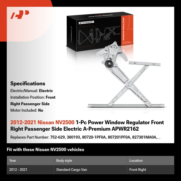 2012-2021 Nissan NV2500 1-Pc Power Window Regulator Front Right Passenger Side Electric A-Premium APWR2162