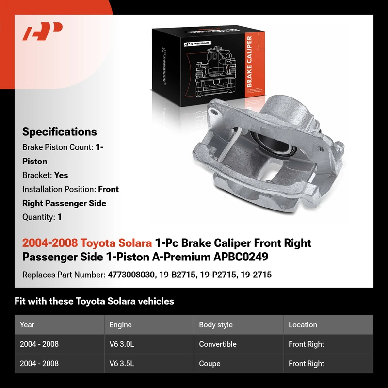 2004-2008 Toyota Solara 1-Pc Brake Caliper Front Right Passenger Side 1-Piston A-Premium APBC0249