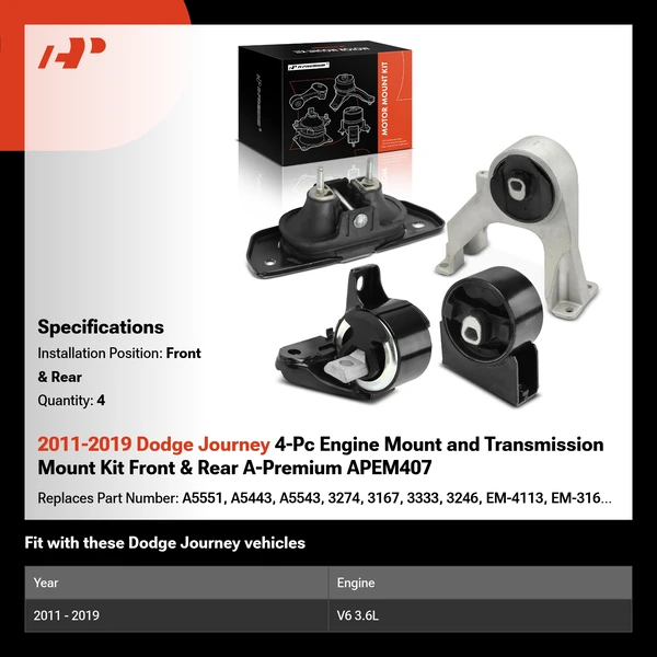 2011-2019 Dodge Journey 4-Pc Engine Mount and Transmission Mount Kit Front & Rear A-Premium APEM407