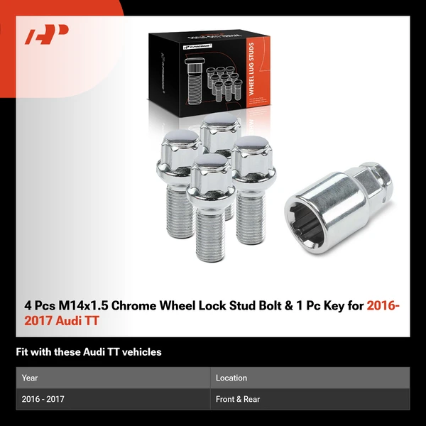 4 Pcs M14x1.5 Chrome Wheel Lock Stud Bolt & 1 Pc Key for 2016-2017 Audi TT