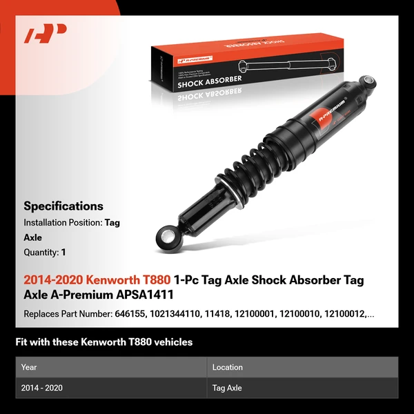 2014-2020 Kenworth T880 1-Pc Tag Axle Shock Absorber Tag Axle A-Premium APSA1411