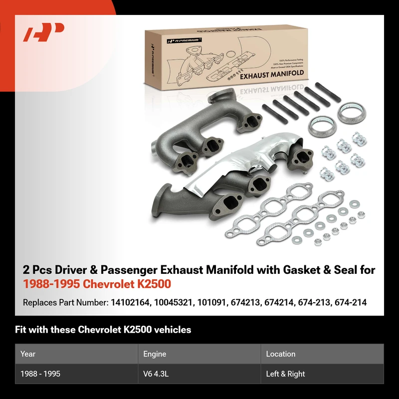 2 Pcs Driver & Passenger Exhaust Manifold with Gasket & Seal for 1988-1995 Chevrolet K2500