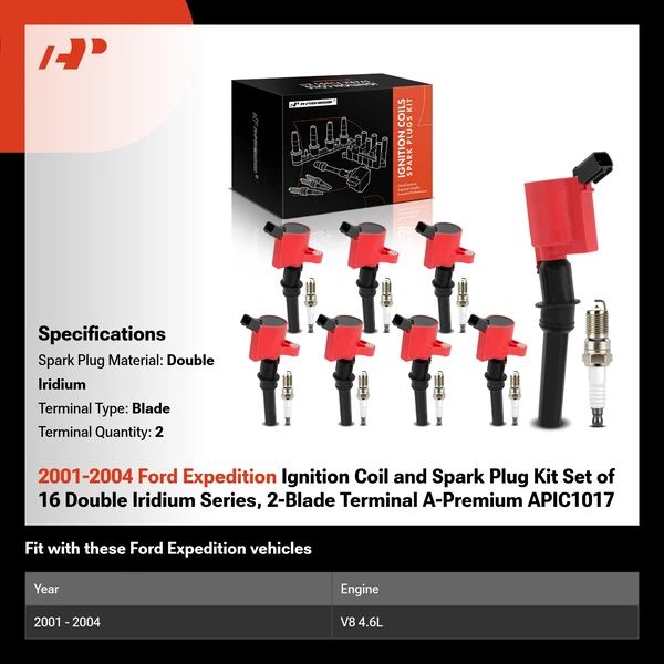 2001-2004 Ford Expedition Ignition Coil and Spark Plug Kit Set of 16 Double Iridium Series, 2-Blade Terminal A-Premium APIC1017