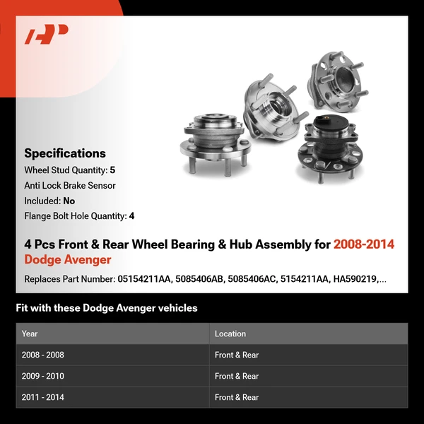 4 Pcs Front & Rear Wheel Bearing & Hub Assembly for 2008-2014 Dodge Avenger