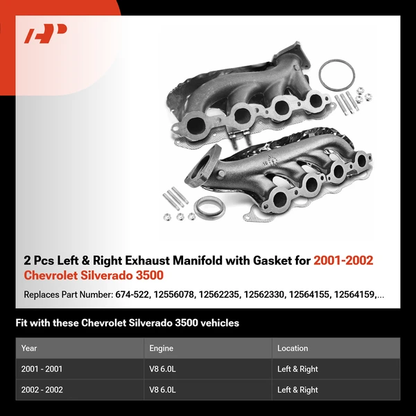2 Pcs Left & Right Exhaust Manifold with Gasket for 2001-2002 Chevrolet Silverado 3500